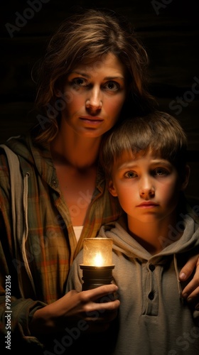 A mother and her son are holding a candle in the dark.