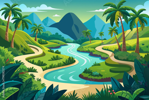 lazy river winding its way through a lush tropical landscape