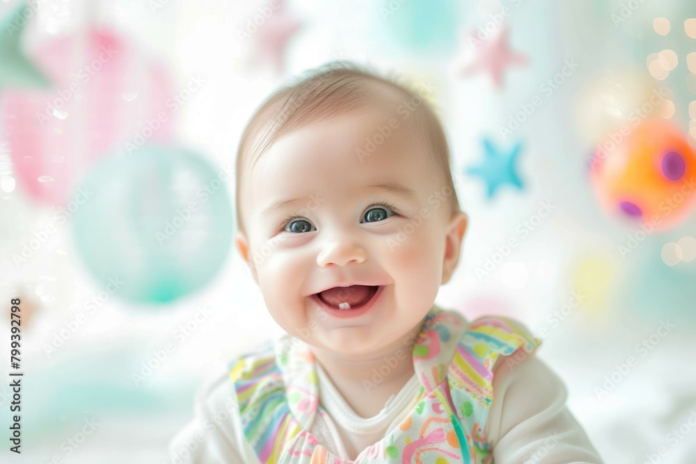 An adorable baby girl with blue eyes and brown hair is sitting in front of a colorful backdrop. She is wearing a colorful dress and has a big smile on her face. An adorable baby girl with blue eyes and brown hair is sitting in front of a colorful backdrop. She is wearing a colorful dress and has a big smile on her face.