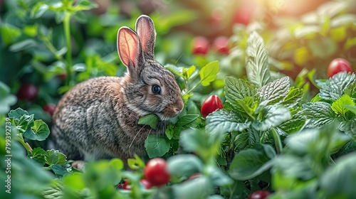   A rabbit in a verdant garden surrounded by emerald foliage and scarlet berries nibbling on a succulent leafy plant photo