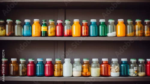 Colorful bottles of pills and tablets on a shelf