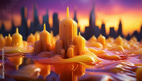 An abstract urban skyline, with buildings shaped like melting wax figures against a backdrop 