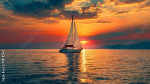 Sailboat sailing on ocean's horizon during sunset