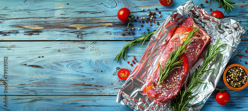 Aluminum foil roll with a piece of raw meat, tomatoes, rosemary and spices on a wooden background. photo