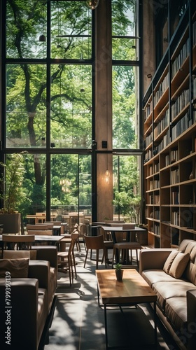 Modern library interior with large windows and wooden furniture
