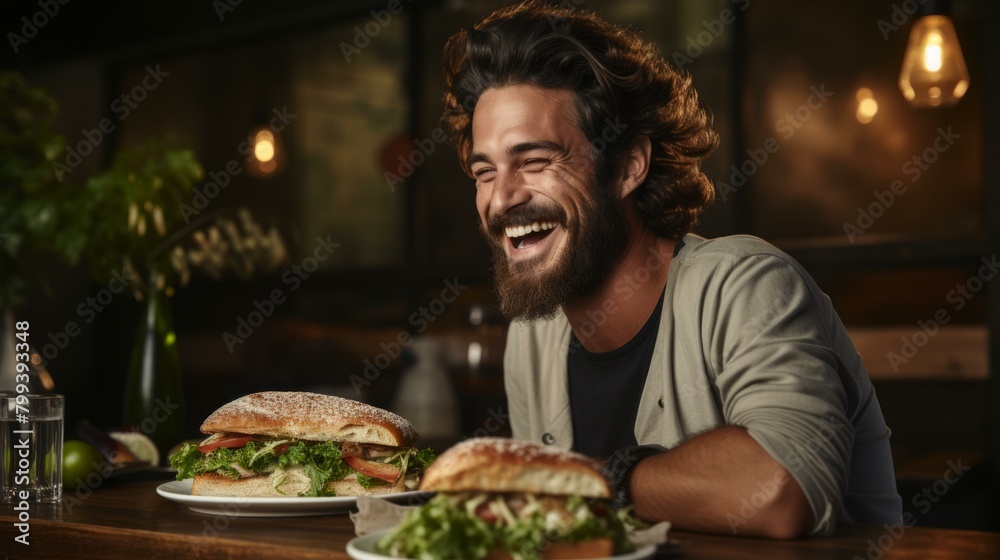 Bearded man laughing with sandwiches on table Bearded man laughing with sandwiches on table