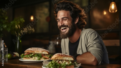 Bearded man laughing with sandwiches on table