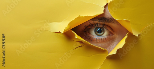 The right eye looks through a hole in the yellow paper. A curious look. photo