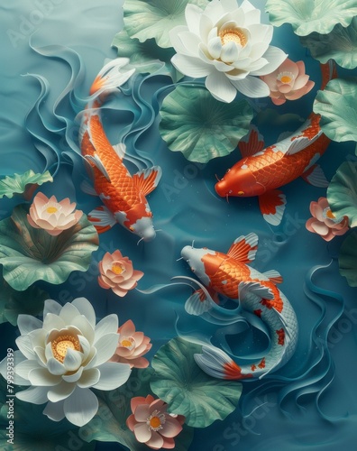 Three koi fish swimming in a pond with water lilies
