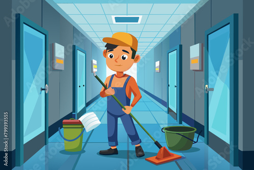 janitor, wielding a mop and bucket, transforms a grimy hallway into a sparkling clean corridor.