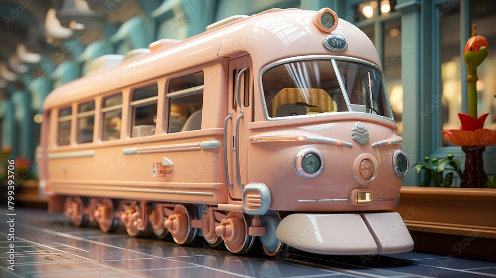 A pink retro train sits on a city street