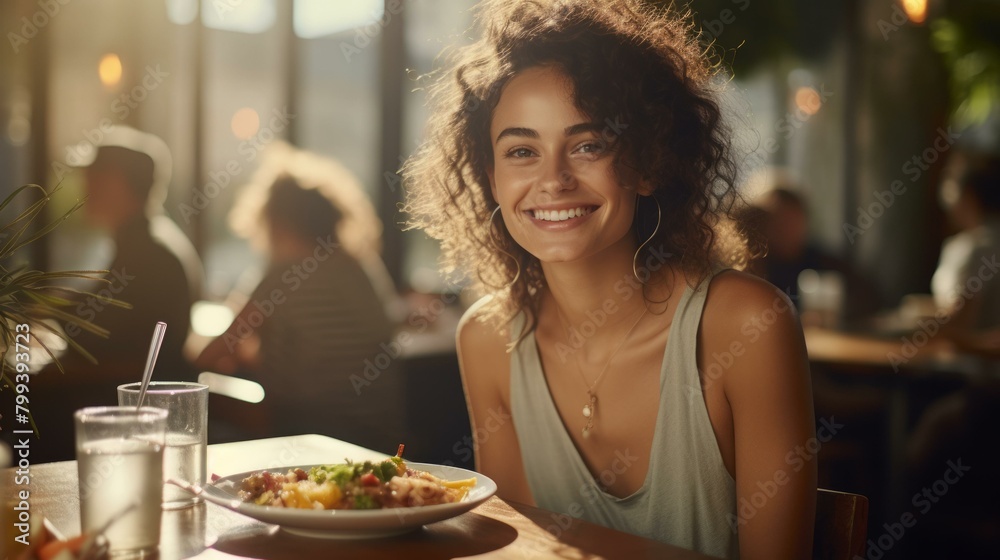 Portrait of a young woman with curly hair smiling in a restaurant