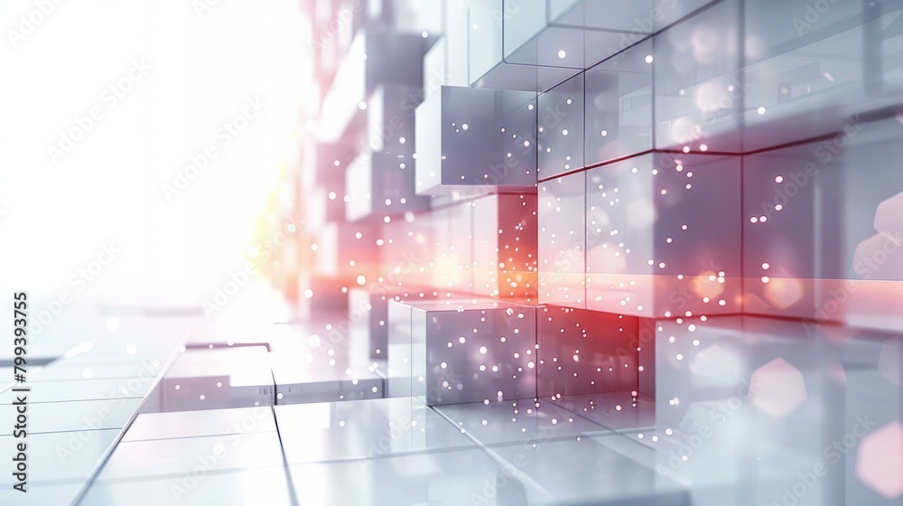 Abstract 3D rendering of a futuristic cityscape with glowing red light and floating particles