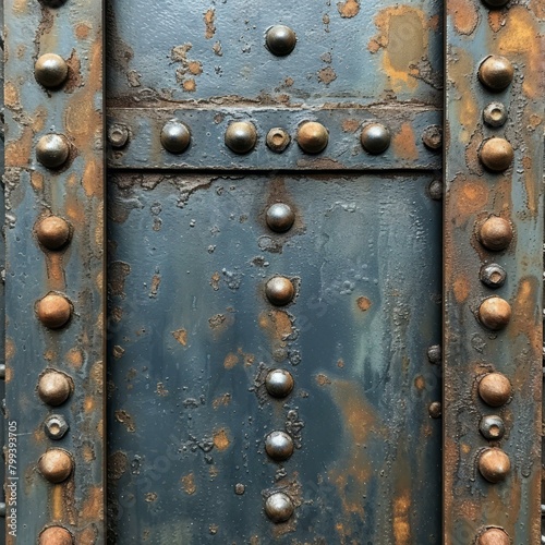 Close-up of a rusty metal plate with rivets