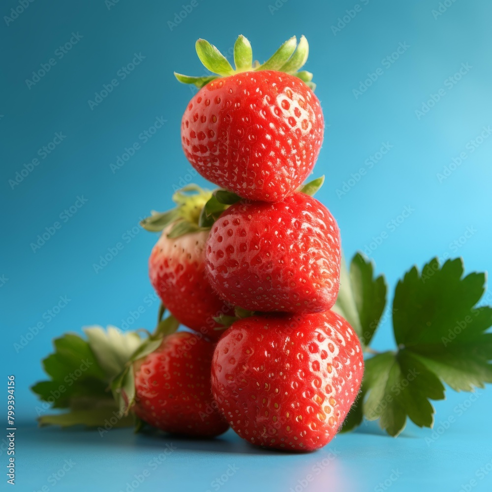 Four strawberries stacked on top of each other with green leaves Four strawberries stacked on top of each other with green leaves