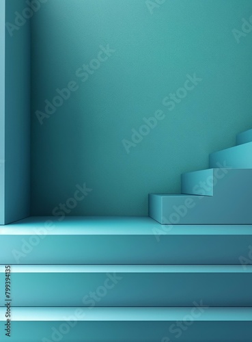 Blue podium and stairs on blue background. 3D rendering.