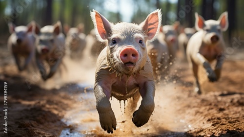 A cute piglet is running in the mud photo