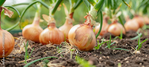 Growing onions in the summer season. Growing herbs and vegetables in a summer cottage. Gardening and self-sufficient living