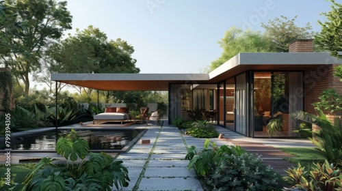 Courtyard house with green garden and swimming pool © Adobe Contributor
