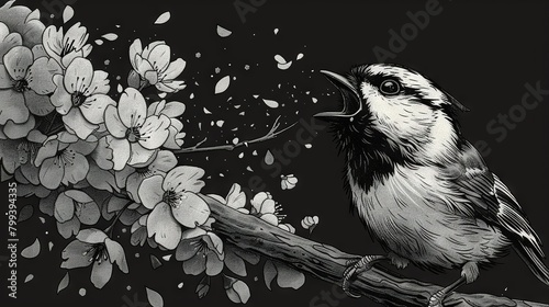  A bird perches on a blooming tree branch, its mouth open in a black-and-white drawing