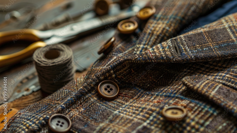 Close-up of tailoring details on a vintage vest, showing buttons, stitching, and the texture of the fabric, with tailoring tools like scissors and thread in the background