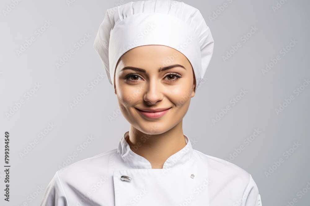 portrait of a young female chef wearing a white toque smiling at the camera portrait of a young female chef wearing a white toque smiling at the camera