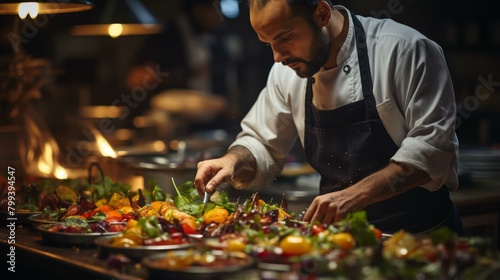 Chef carefully preparing delicious food in a commercial kitchen photo