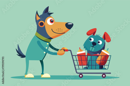 humorous illustration of a dog dressed in a shopping cart costume, begging for treats from a shopper.