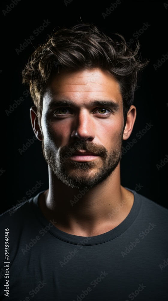 Portrait of a handsome young man with dark hair and green eyes