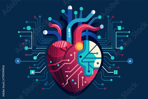 human heart with glowing circuitry flowing through its chambers, representing the integration of technology in medicine.