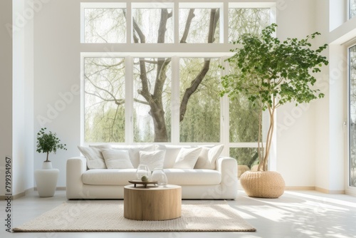 A bright and airy living room with a large tree in the corner