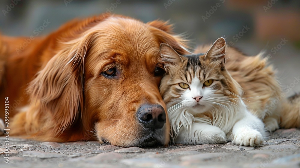   Close-up of a dog and cat on a stone floor with a brick wall in the background