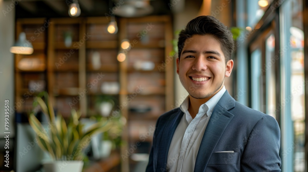  Confident professional young man smiling in an office environment.