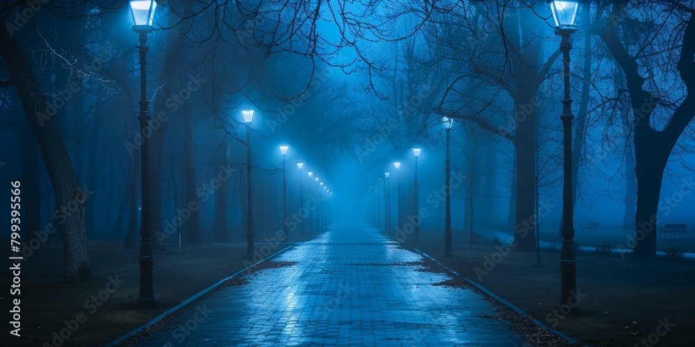 Foggy path at night with blue lights