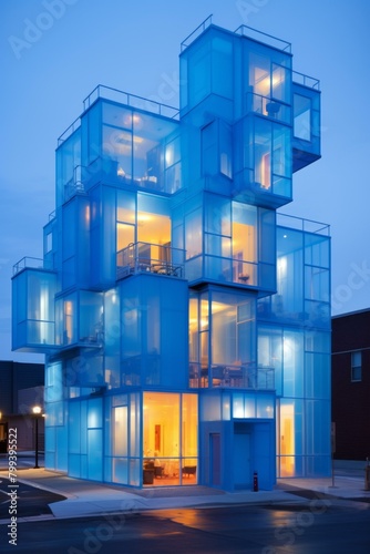 Blue translucent glass facade of a modern apartment building
