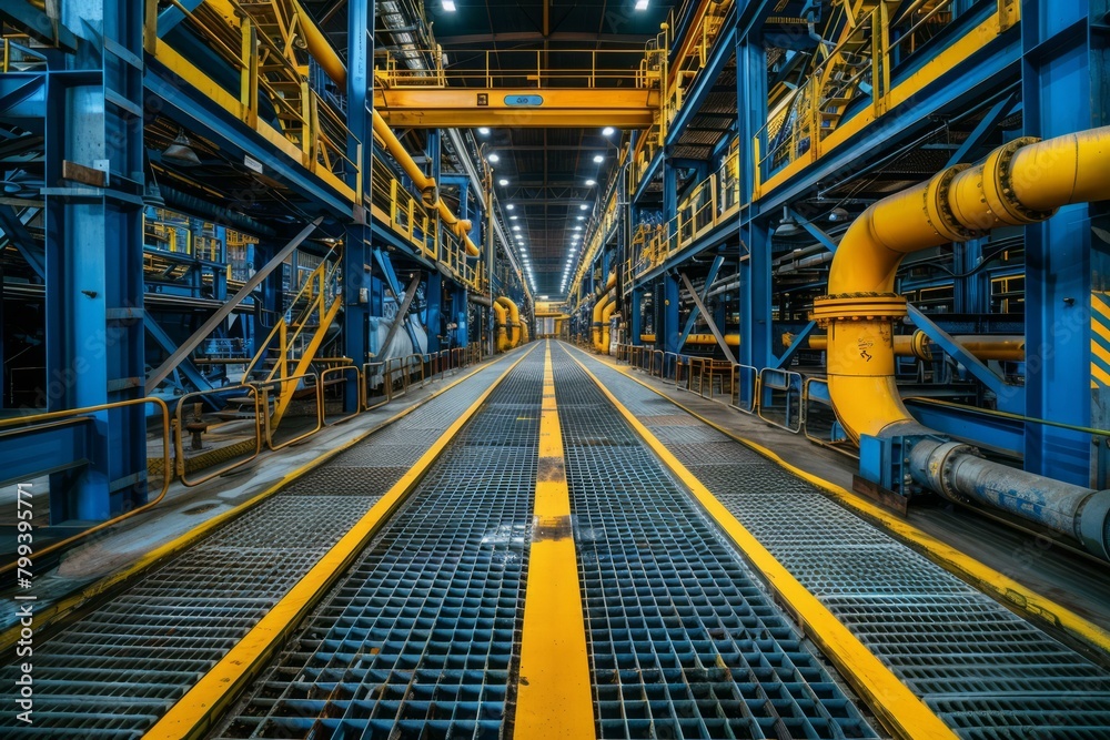 An industrial interior with blue and yellow pipes and walkways