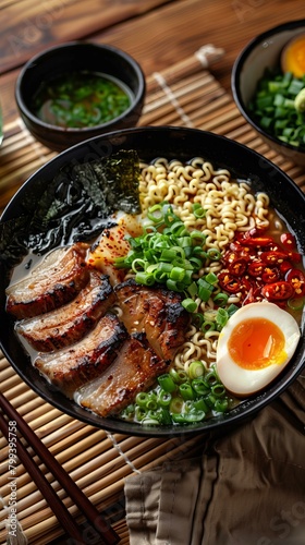 A delicious bowl of ramen with pork, egg, and vegetables
