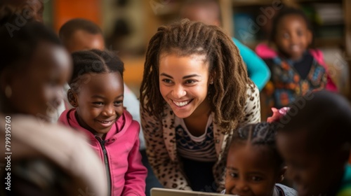 A smiling teacher and her students in a classroom