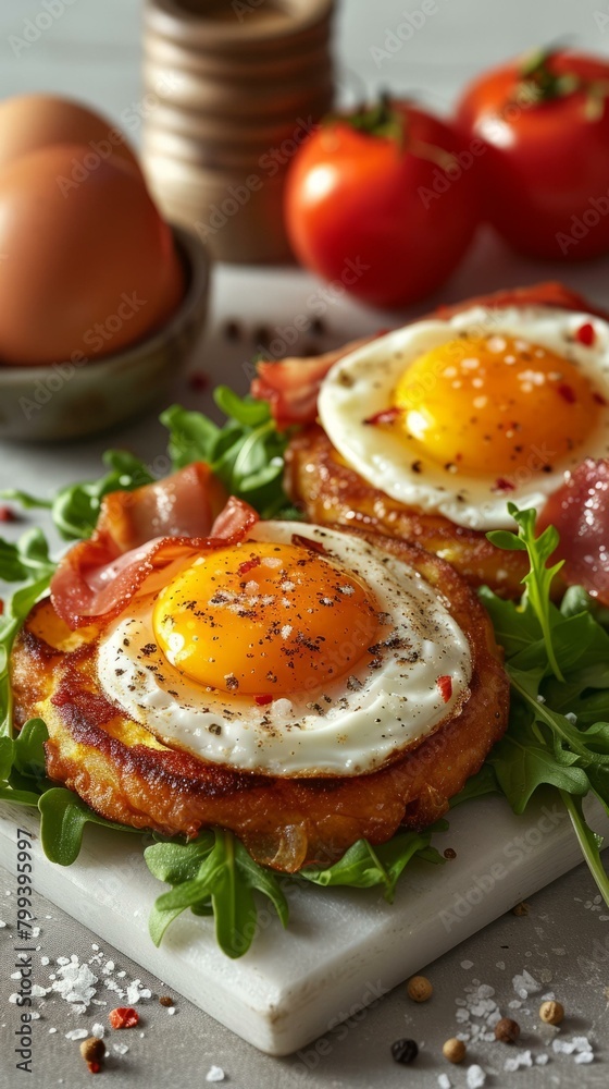 Fried eggs with bacon and salad Fried eggs with bacon and salad