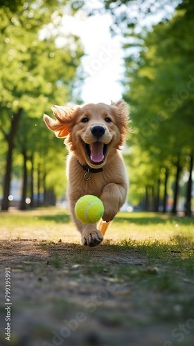 A Golden Retriever Puppy Chasing a Tennis Ball photo