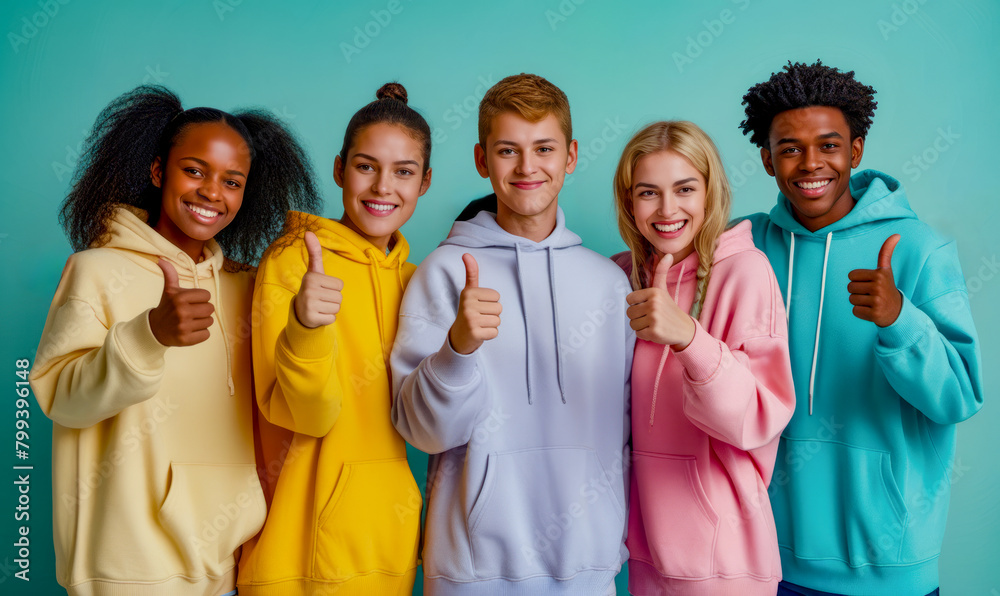 Group of young people standing next to each other giving thumbs up in front of blue background. Group of young people standing next to each other giving thumbs up in front of blue background.