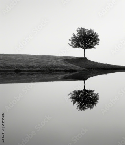 A tree stands alone in a field next to a body of water photo