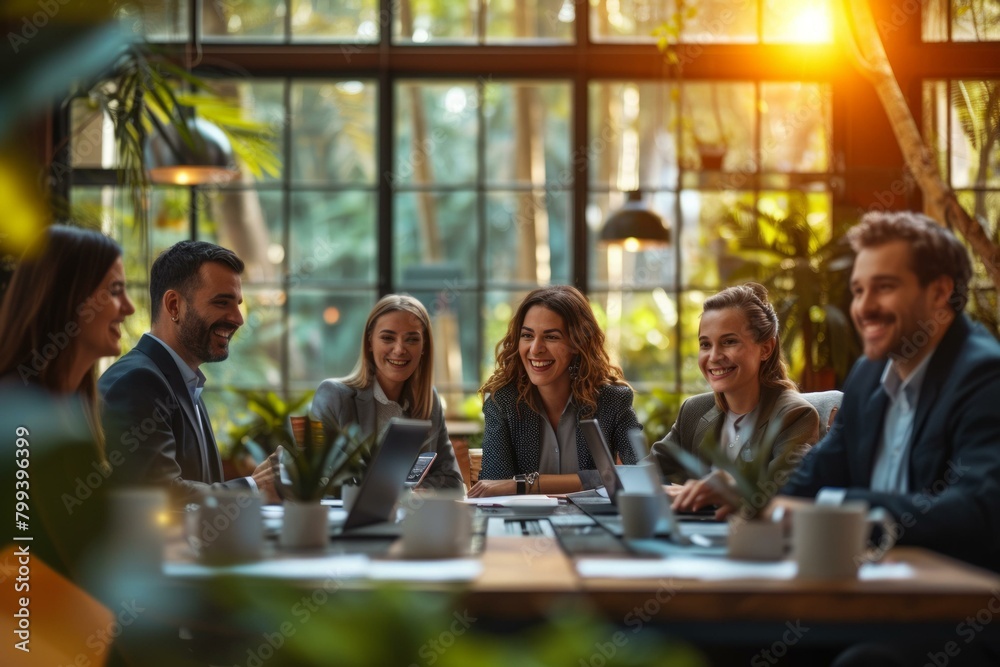 Fototapeta premium A group of business professionals having a meeting in a bright, modern office space
