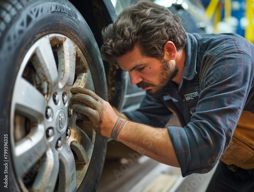 A man is working on a tire, wearing gloves. The tire is dirty and has a few scratches on it. The man seems to be focused on his task, and the overall mood of the image is serious and focused
