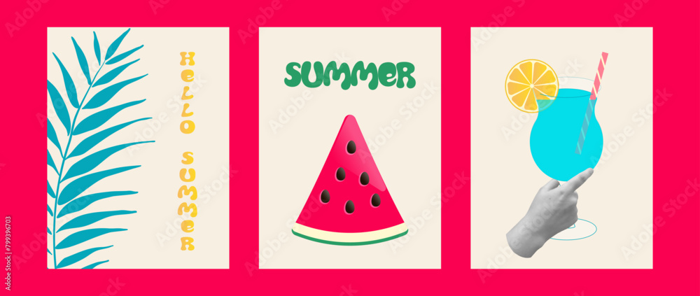 Creative concept of summer posters set. Watermelon, cocktail in hand,palm leaf.