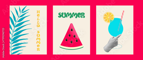 Creative concept of summer posters set. Watermelon  cocktail in hand palm leaf.