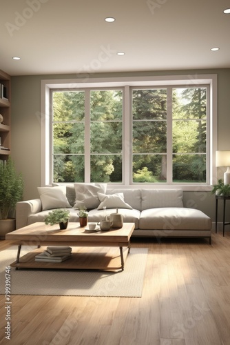 Bright living room with large windows and a comfortable couch