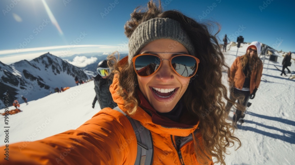 A group of friends skiing down a snowy mountain