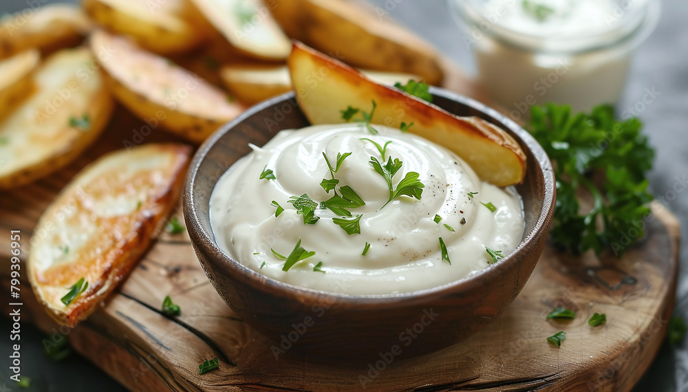 Bowl of mayonnaise with a potato wedge on a wooden board Bowl of mayonnaise with a potato wedge on a wooden board