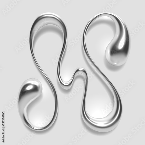 3D chrome liquid metal letter N, with a reflective glossy finish and abstract blob shape, designed for Y2K silver typography alphabet